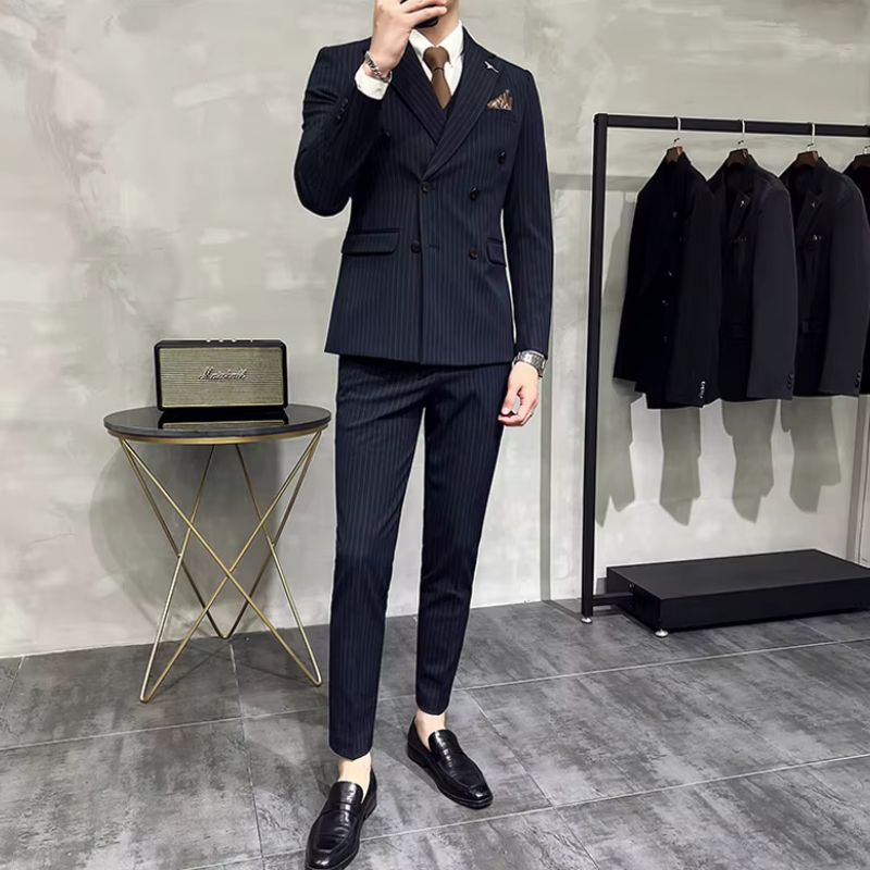 striped two piece suit, double breasted men’s suit, slim fit men’s suit, elegant formal suit, modern men’s suit