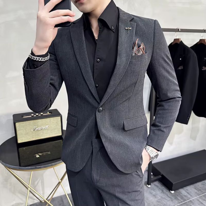 plain two piece suit, slim fit men’s suit, elegant formal suit, classic men’s suit, modern men’s suit