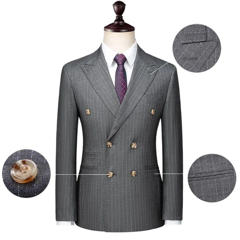 suit, men’s suit, Men’s Striped Suit, Men’s Striped Double-Breasted Suit, Men’s Gray Striped Double-Breasted Suit, Men’s Gray Double-Breasted Suit, Men’s Double-Breasted Suit, Men's Double-Breasted Suit, Gray Double-Breasted Suit, english double-breasted suit, double-breasted suit