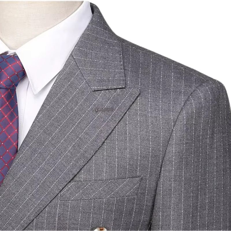 suit, men’s suit, Men’s Striped Suit, Men’s Striped Double-Breasted Suit, Men’s Gray Striped Double-Breasted Suit, Men’s Gray Double-Breasted Suit, Men’s Double-Breasted Suit, Men's Double-Breasted Suit, Gray Double-Breasted Suit, english double-breasted suit, double-breasted suit