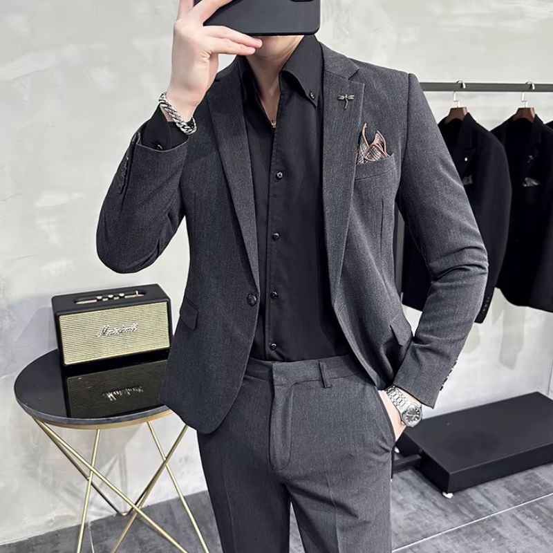 plain two piece suit, slim fit men’s suit, elegant formal suit, classic men’s suit, modern men’s suit