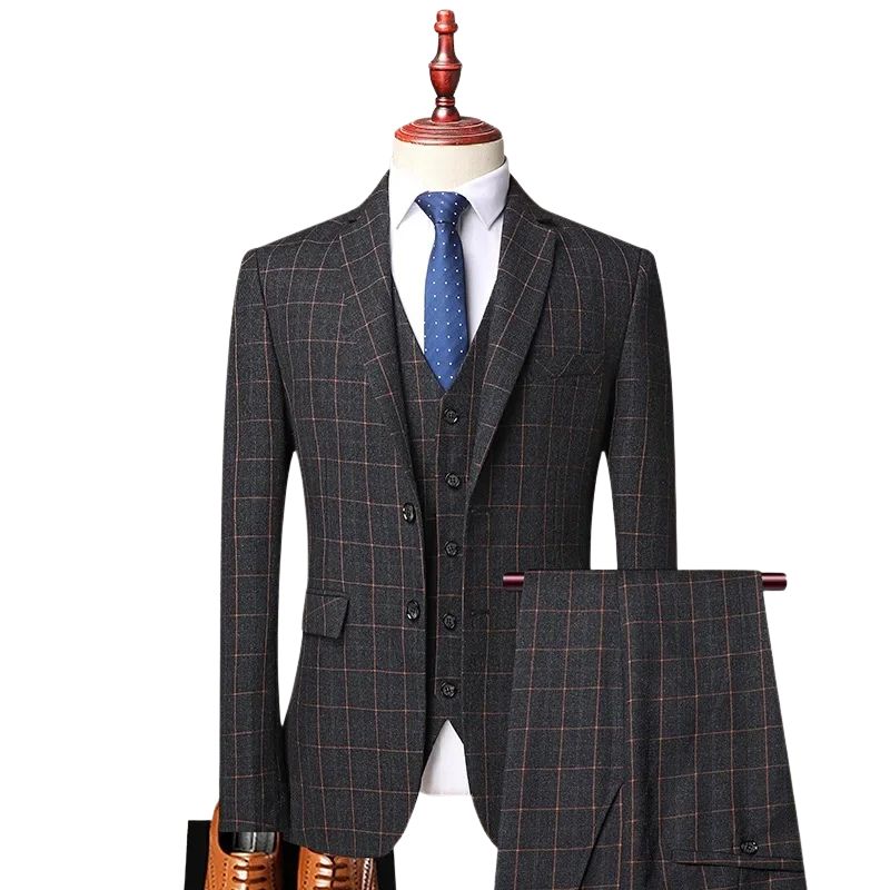 three-piece suit, suit, plaid men’s suit, men’s suit, men’s slim fit suit, formal men’s suit, burgundy men’s suit