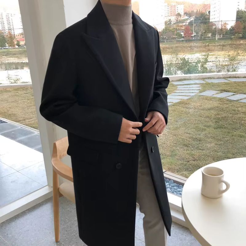 Double breasted men’s overcoat, long men’s coat, smart casual men’s coat, winter overcoat men, elegant men’s outerwear