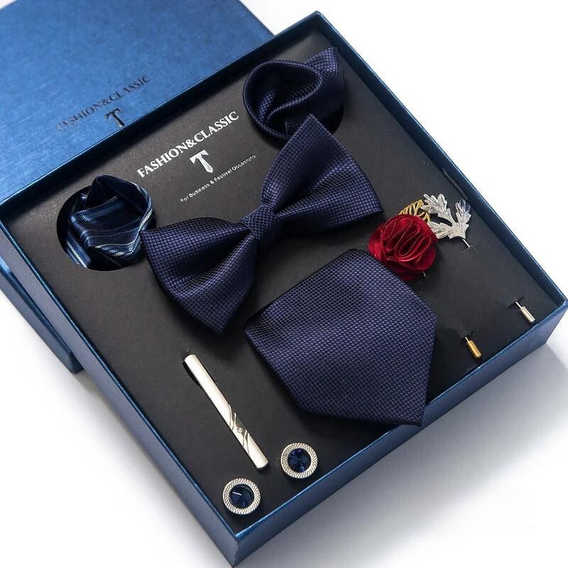 deluxe men’s tie set, luxury men accessories set, gentlemen gift box set, formal tie and bow tie set, maximus men accessories