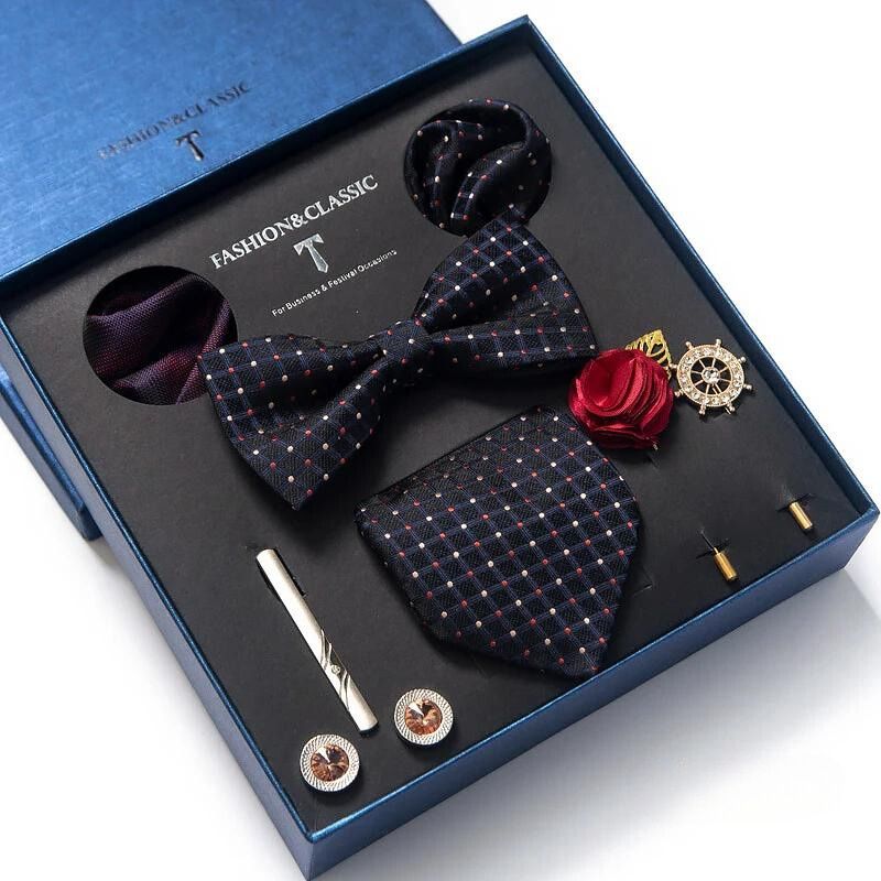 deluxe men’s tie set, luxury men accessories set, gentlemen gift box set, formal tie and bow tie set, maximus men accessories