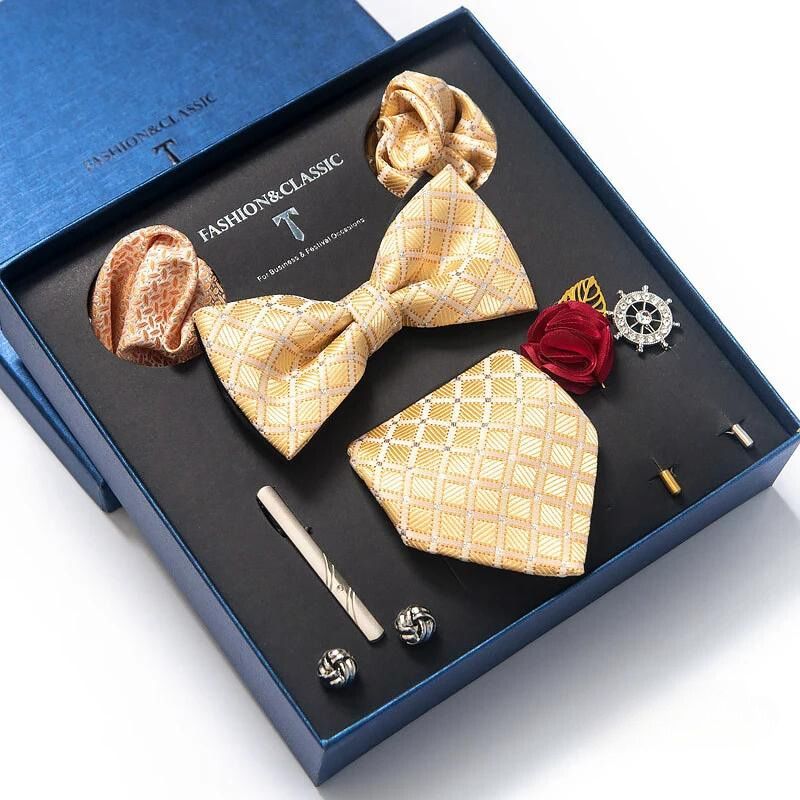 deluxe men’s tie set, luxury men accessories set, gentlemen gift box set, formal tie and bow tie set, maximus men accessories