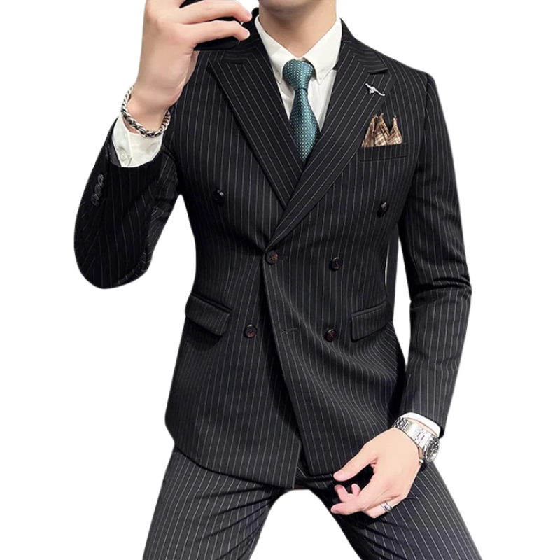 striped two piece suit, double breasted men’s suit, slim fit men’s suit, elegant formal suit, modern men’s suit