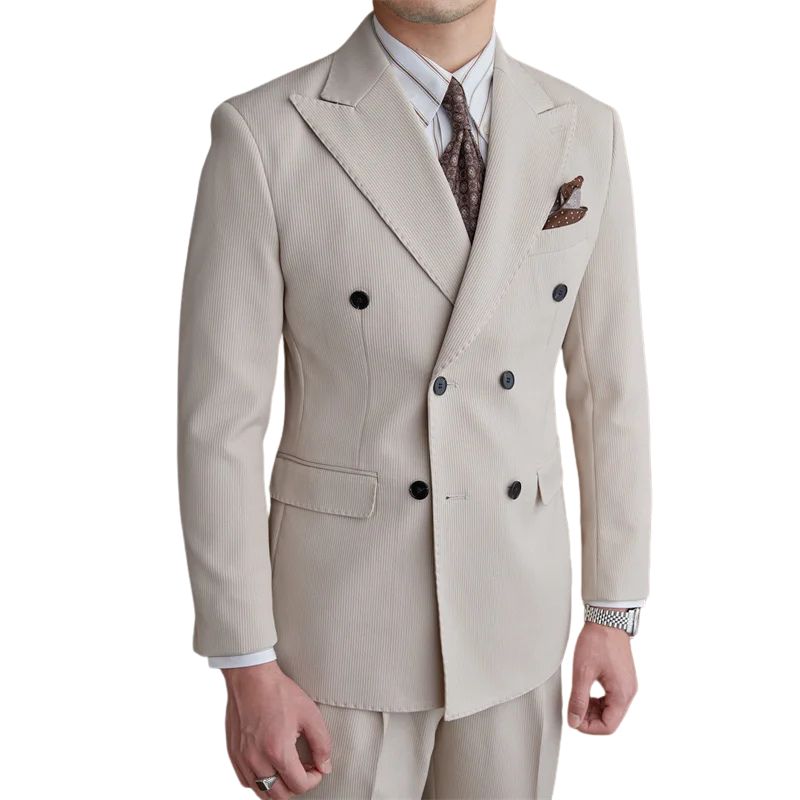 formal double breasted suit, slim fit men’s suit, elegant men’s suit, ribbed texture suit, classic formal suit