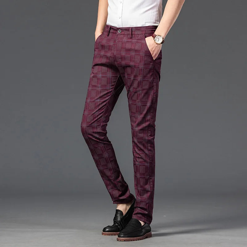 men’s checkered dress trousers, slim fit men’s pants, smart casual trousers, men’s tailored trousers, formal men’s pants