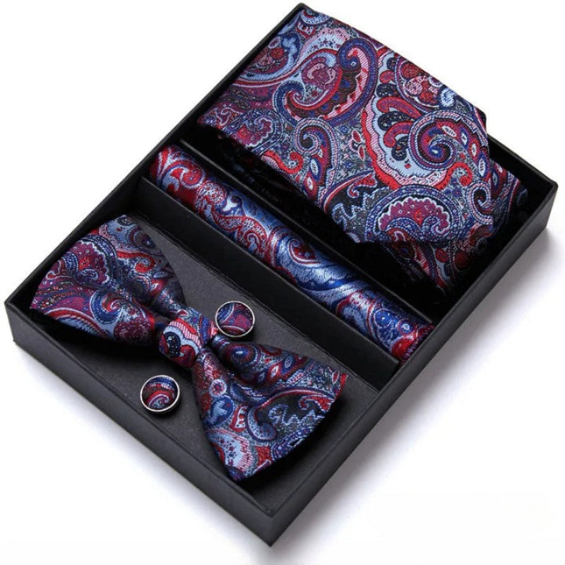 Tie Set, tie and bow tie set, silk tie set for men, Premium Tie Set, Premium Patterned Tie Set, patterned tie set, Patterned Tie, men’s premium accessory set, men’s patterned tie set, maximus men accessories, formal men gift box
