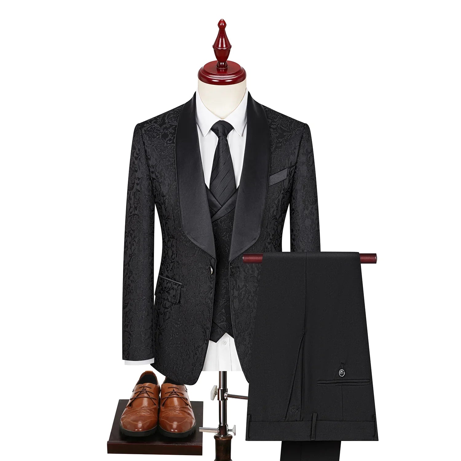patterned tuxedo, luxury men’s tuxedo, satin lapel tuxedo, formal three piece suit, elegant men’s suit