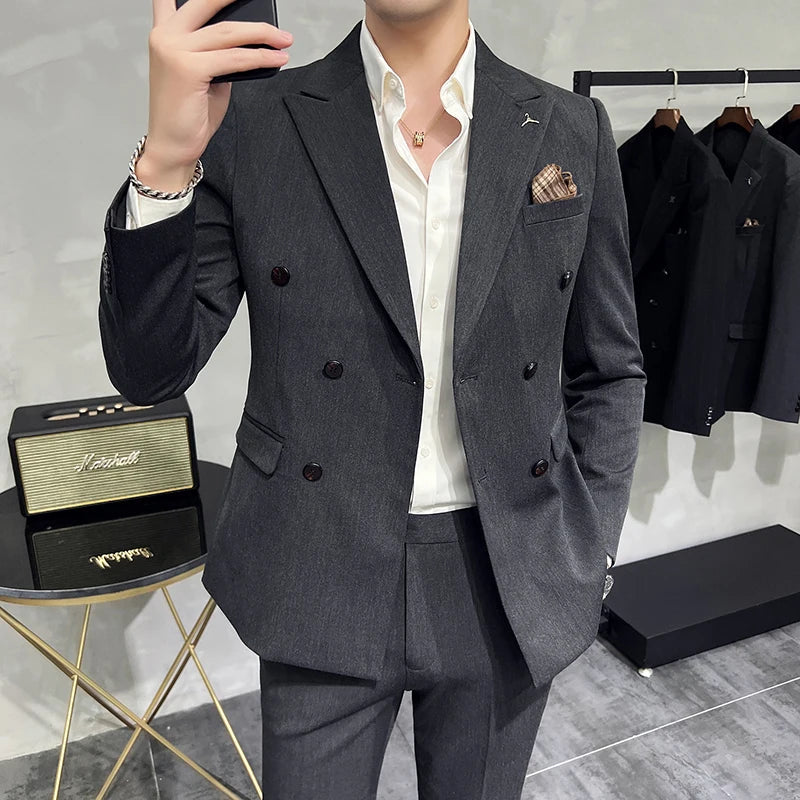 double-breasted men’s suit, solid grey suit, slim fit formal suit, elegant men’s outfit, Maximus menswear