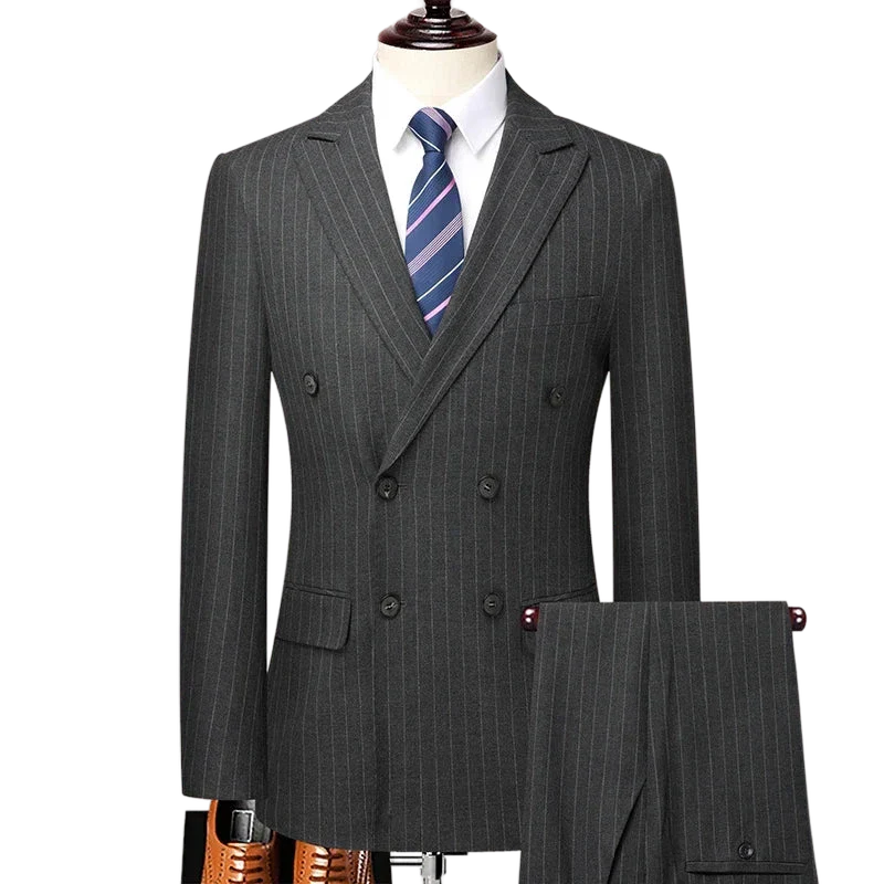 dark gray pinstripe suit, double breasted two piece suit, slim fit men’s suit, elegant formal suit, modern men’s suit