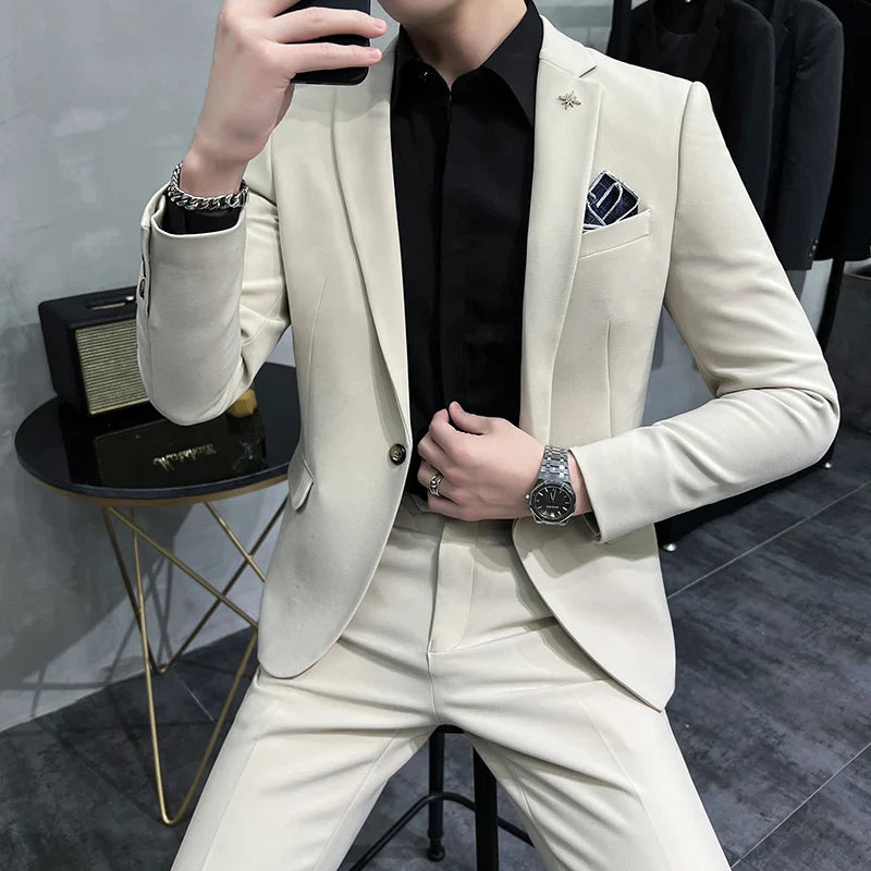 slim casual two piece suit, elegant casual men’s suit, modern men’s suit, slim fit suit for men, smart casual two piece suit