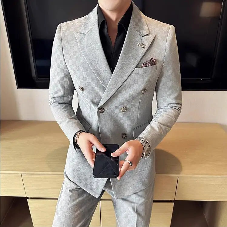 checkered two piece suit, double breasted men’s suit, slim fit men’s suit, elegant men’s suit, modern formal suit