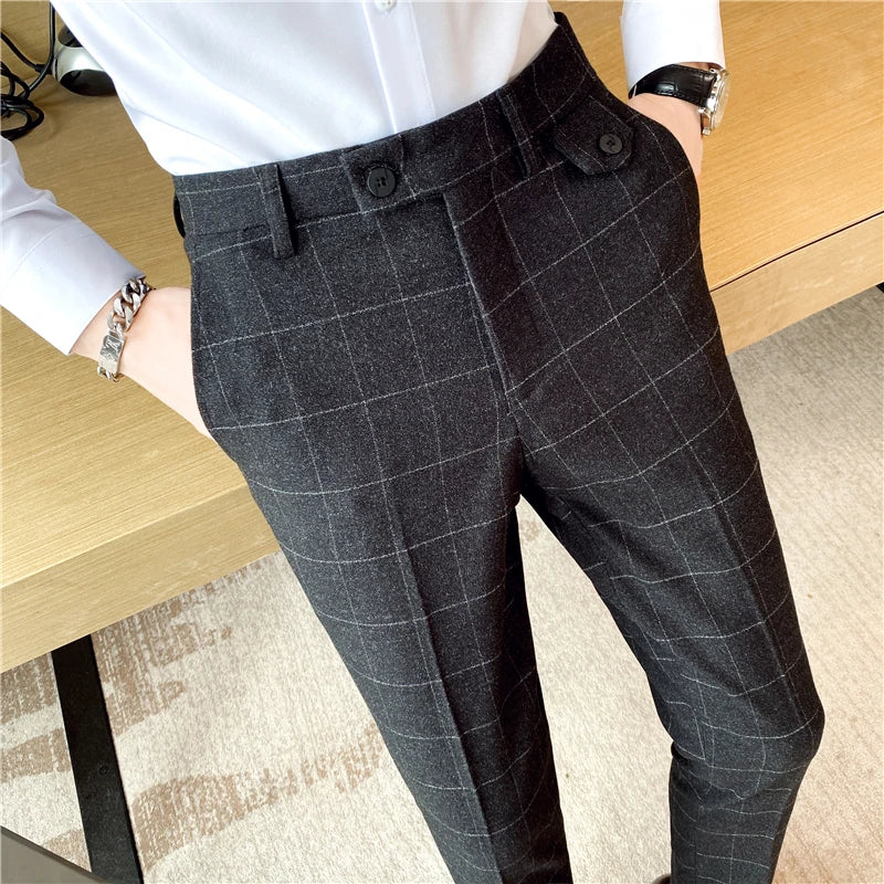 men’s check tailored trousers, modern check dress pants, slim fit men’s trousers, English style trousers, smart casual men’s pants