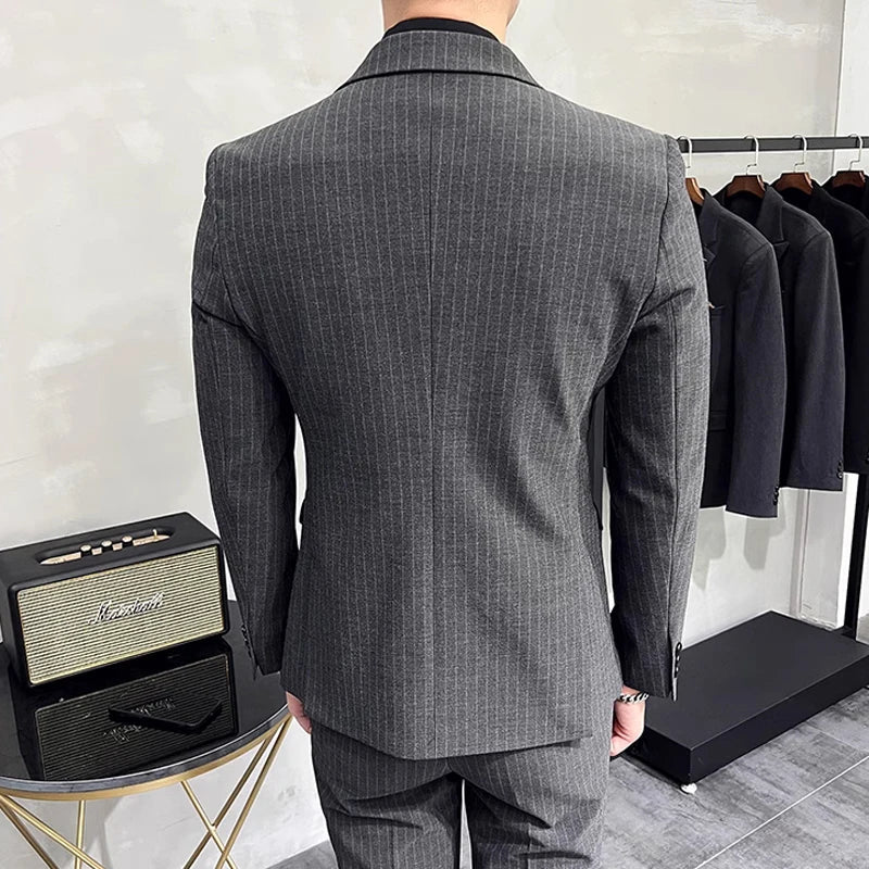 striped two piece suit, double breasted men’s suit, slim fit men’s suit, elegant formal suit, modern men’s suit