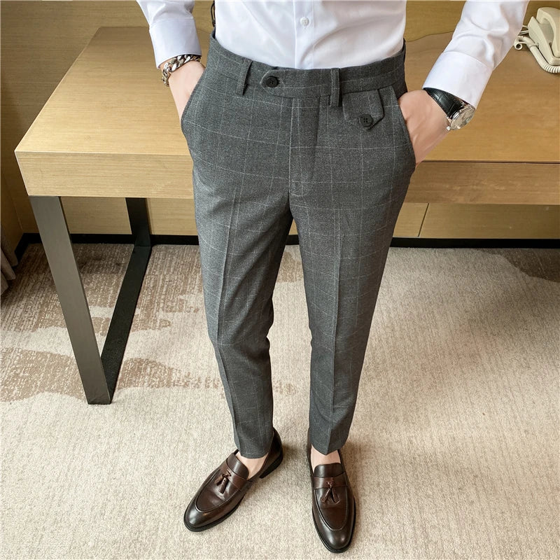 men’s check tailored trousers, modern check dress pants, slim fit men’s trousers, English style trousers, smart casual men’s pants