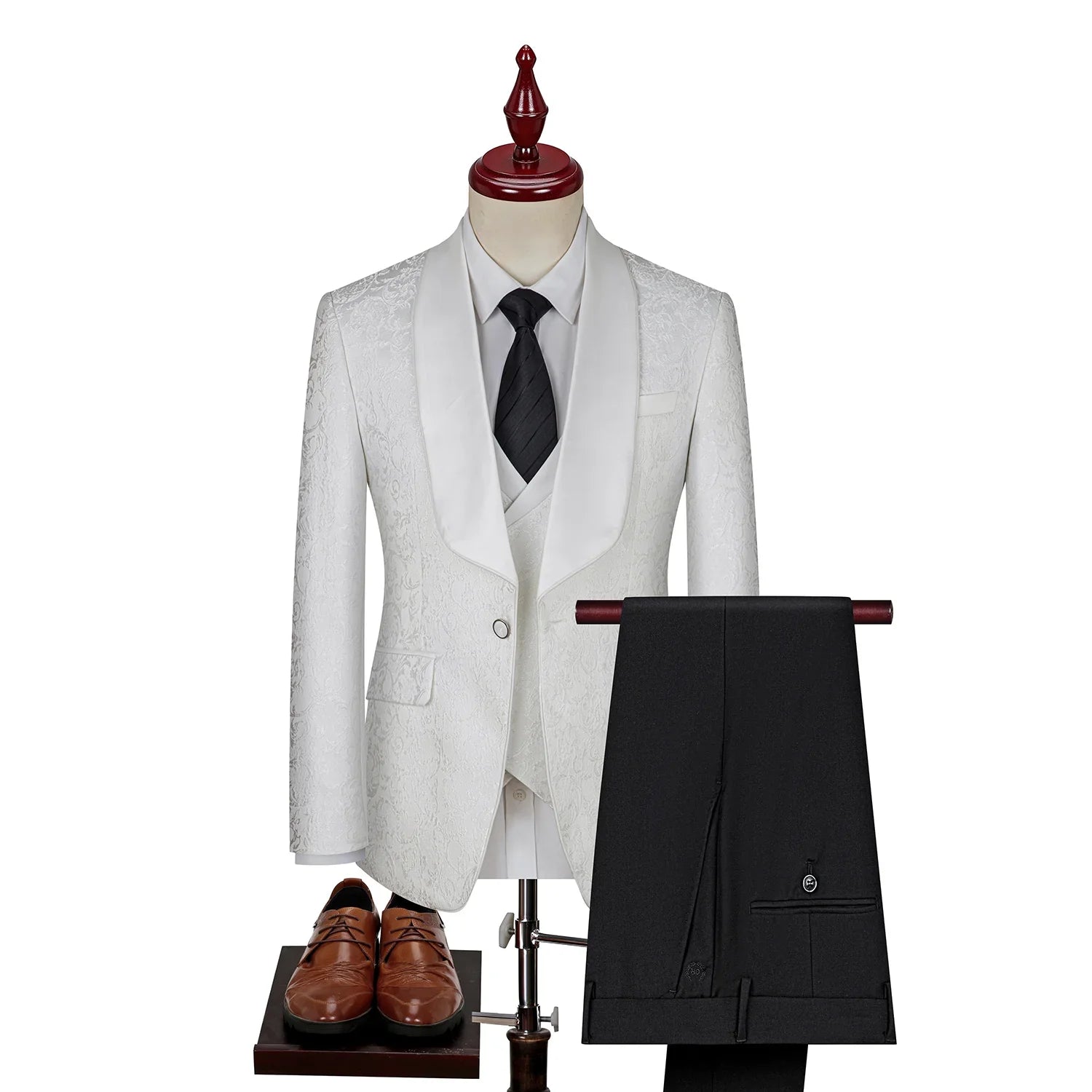 patterned tuxedo, luxury men’s tuxedo, satin lapel tuxedo, formal three piece suit, elegant men’s suit