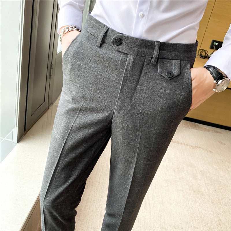 men’s check tailored trousers, modern check dress pants, slim fit men’s trousers, English style trousers, smart casual men’s pants