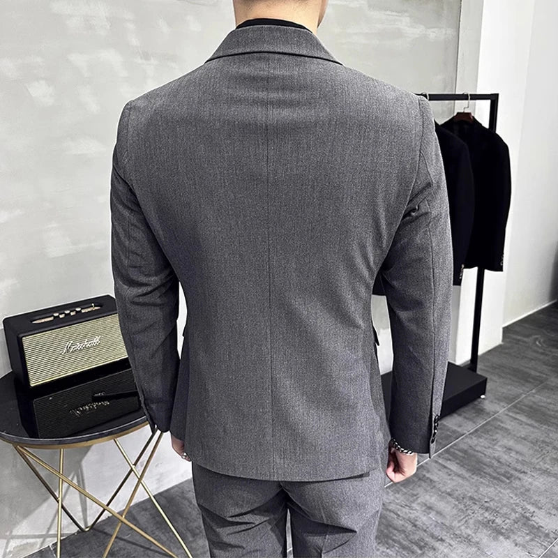 elegant double breasted suit, slim fit men’s suit, formal two piece suit, refined men’s suit, stylish men’s suit
