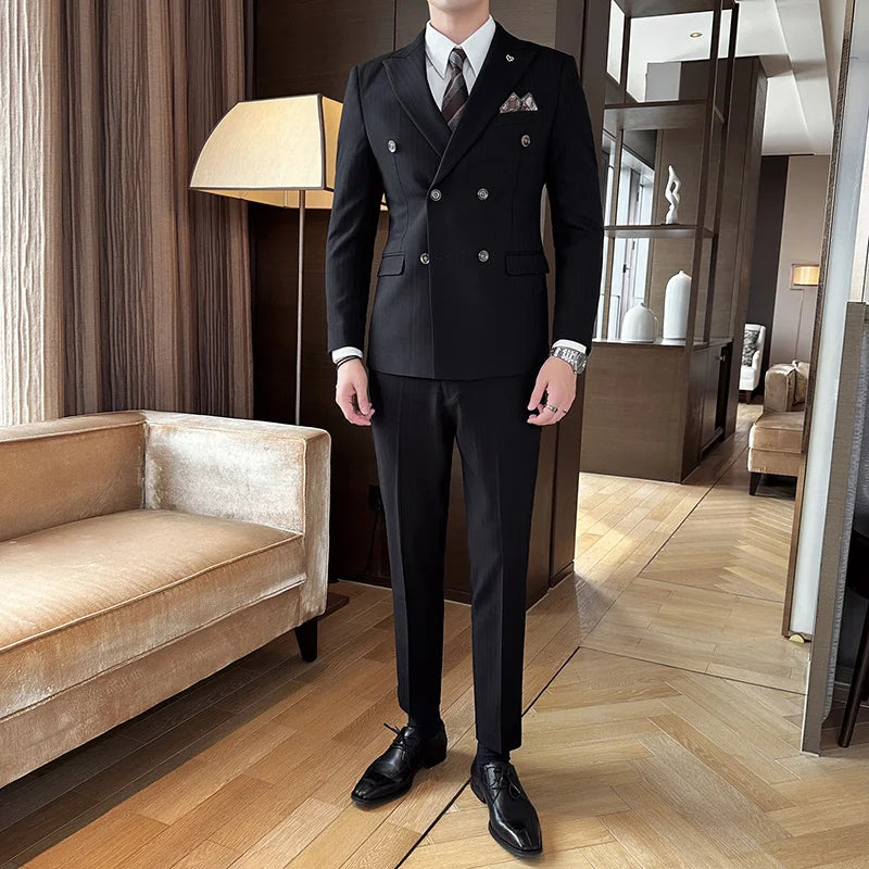 suit, Pinstriped Suit, men’s suit, Men's Luxury Double-Breasted Pinstriped Suit, Men's Double-Breasted Pinstriped Suit, Men's Double-Breasted Suit, Double-Breasted Pinstriped Suit