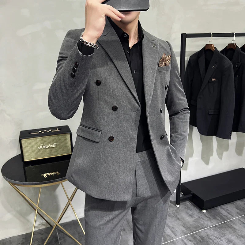 double-breasted men’s suit, solid grey suit, slim fit formal suit, elegant men’s outfit, Maximus menswear