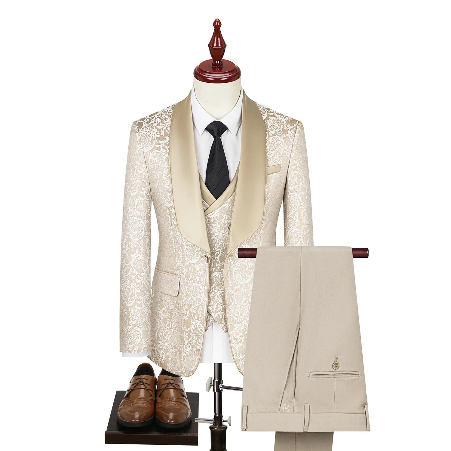 patterned tuxedo, luxury men’s tuxedo, satin lapel tuxedo, formal three piece suit, elegant men’s suit