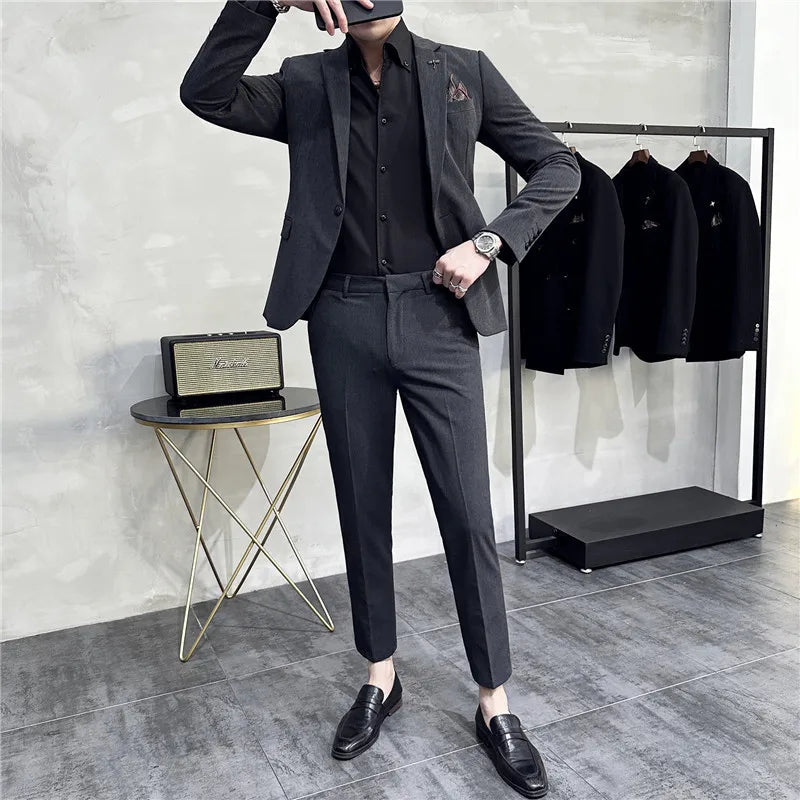 plain two piece suit, slim fit men’s suit, elegant formal suit, classic men’s suit, modern men’s suit