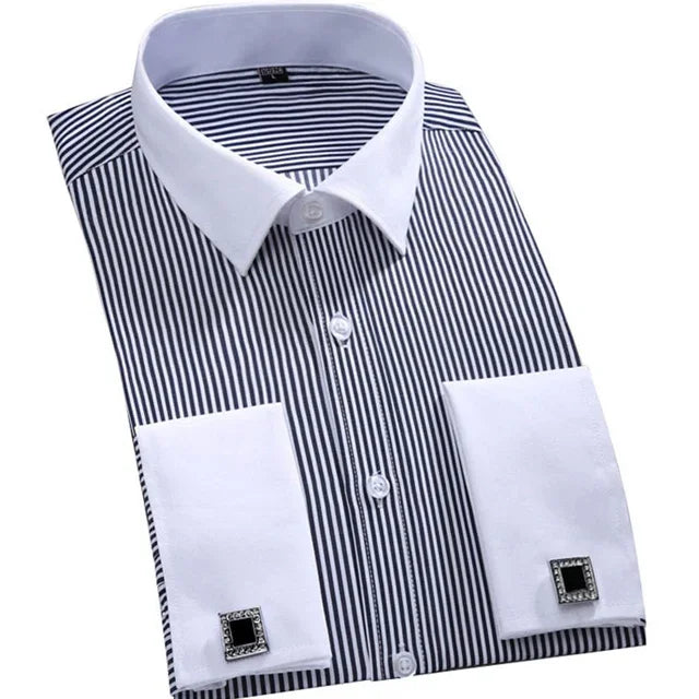 men striped dress shirt, double cuff dress shirt men, french cuff shirt men, formal men dress shirt, men business formal shirt