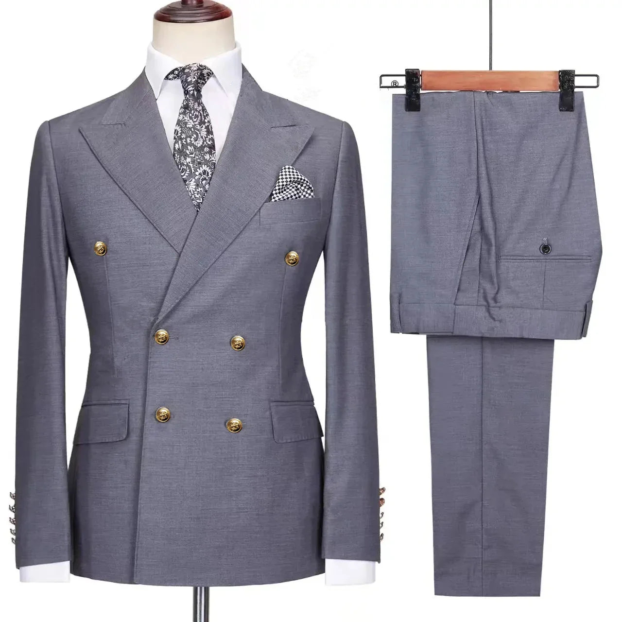 double breasted two piece suit, slim fit men’s suit, elegant men’s suit, formal two piece suit, modern men’s suit