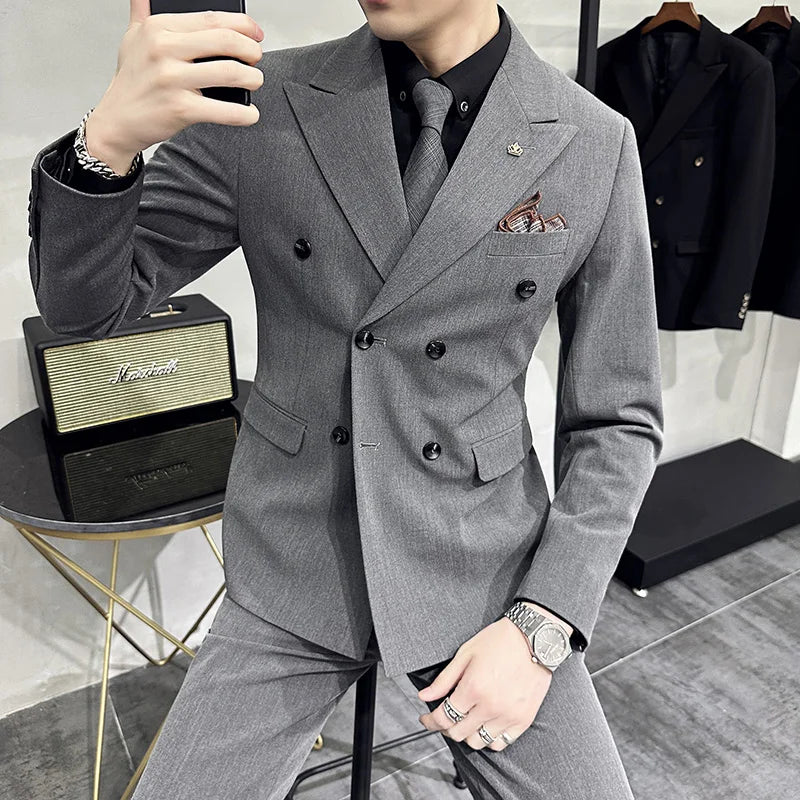 elegant double breasted suit, slim fit men’s suit, formal two piece suit, refined men’s suit, stylish men’s suit