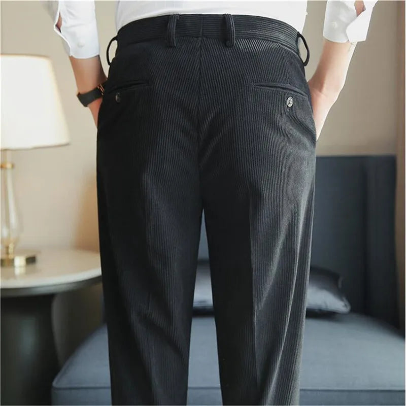 men's tailored trousers, men's corduroy pants, suede style pants, men's dress pants, elegant men's fashion