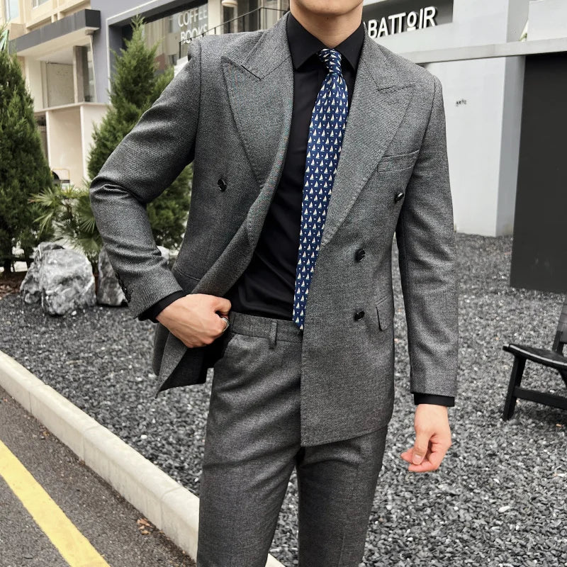 luxury slim fit suit, double breasted two piece suit, elegant men’s suit, formal slim fit suit, modern men’s suit