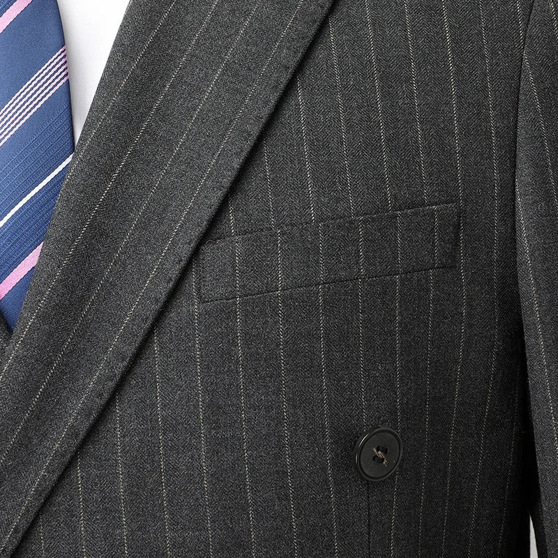 dark gray pinstripe suit, double breasted two piece suit, slim fit men’s suit, elegant formal suit, modern men’s suit