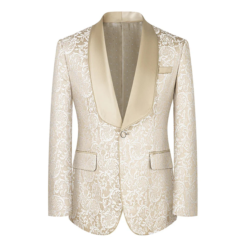patterned tuxedo, luxury men’s tuxedo, satin lapel tuxedo, formal three piece suit, elegant men’s suit