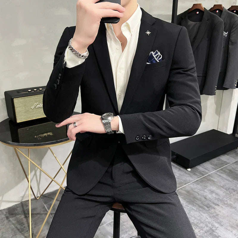 slim casual two piece suit, elegant casual men’s suit, modern men’s suit, slim fit suit for men, smart casual two piece suit
