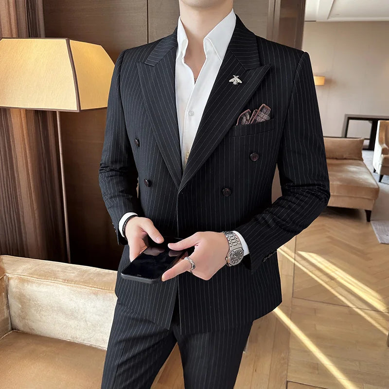 suit, striped suit, slim fit men’s suit, men’s suit, Men's Striped Suit, Men's Double-Breasted Suit, Men's Double-Breasted Striped Suit, elegant men’s suit, double-breasted suit, Double-Breasted Striped Suit