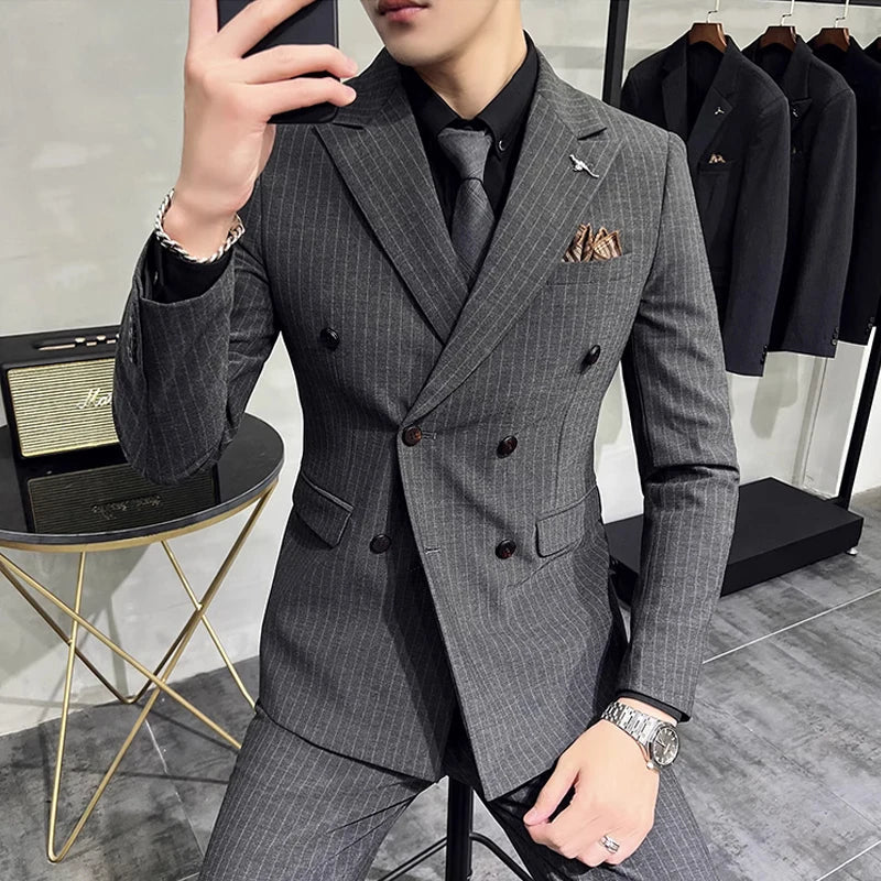 striped two piece suit, double breasted men’s suit, slim fit men’s suit, elegant formal suit, modern men’s suit