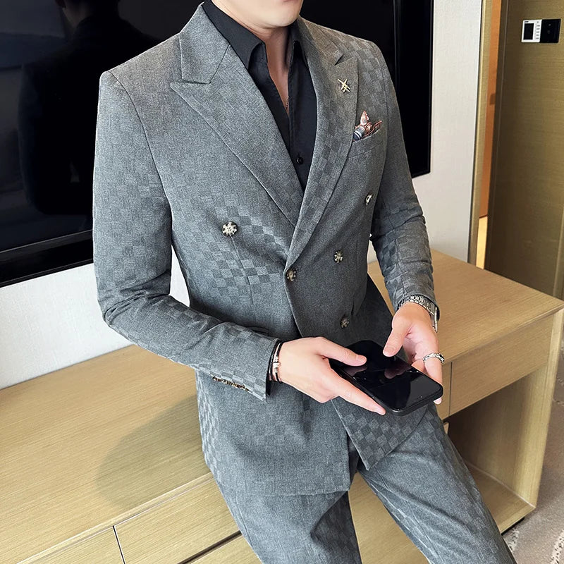 checkered two piece suit, double breasted men’s suit, slim fit men’s suit, elegant men’s suit, modern formal suit