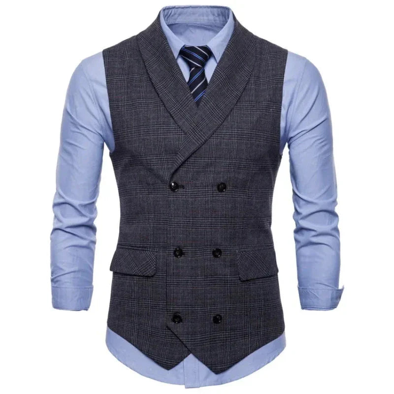men double breasted plaid vest, mens lapel vest, slim fit mens vest, formal mens waistcoat, plaid mens waistcoat