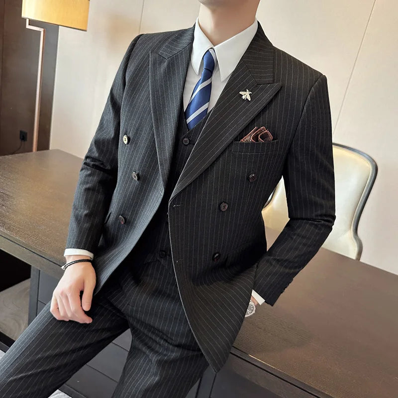 suit, striped suit, slim fit men’s suit, men’s suit, Men's Striped Suit, Men's Double-Breasted Suit, Men's Double-Breasted Striped Suit, elegant men’s suit, double-breasted suit, Double-Breasted Striped Suit