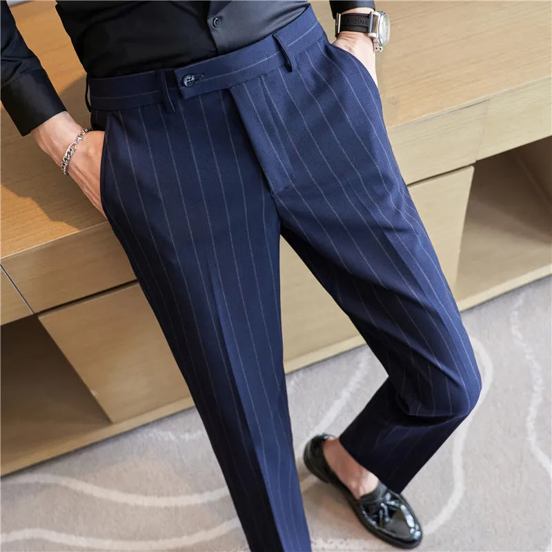 men’s pinstripe tailored trousers, slim fit dress trousers, formal men’s pants, men’s suit trousers, classic pinstripe trousers