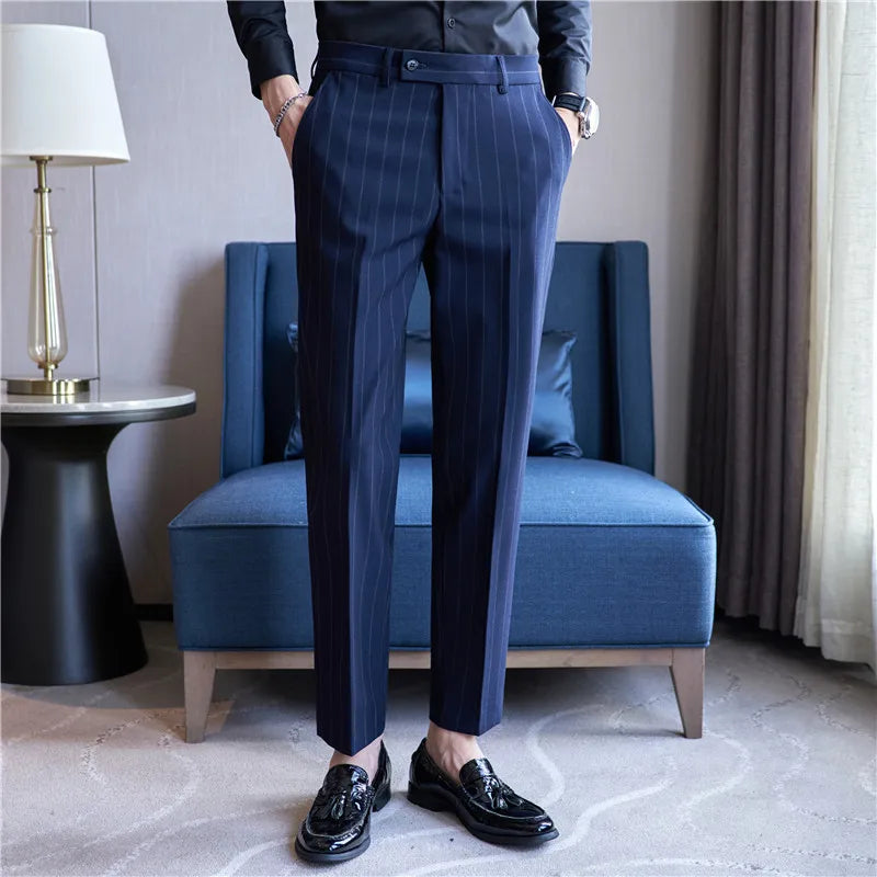 men’s pinstripe tailored trousers, slim fit dress trousers, formal men’s pants, men’s suit trousers, classic pinstripe trousers