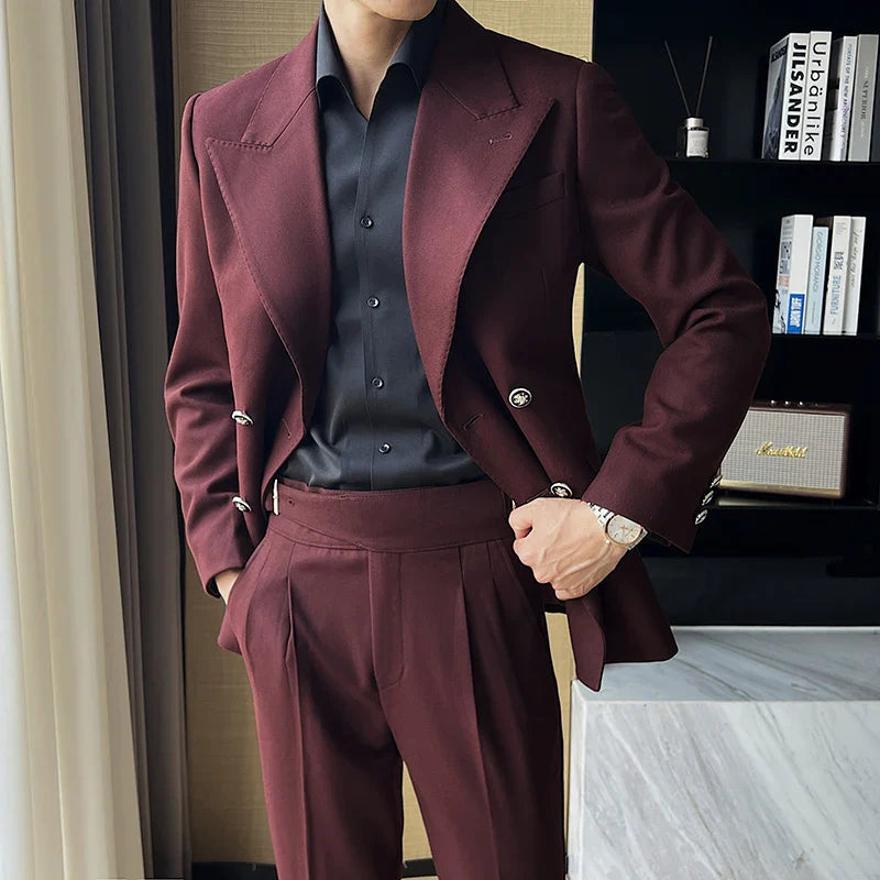italian double breasted suit, slim fit men’s suit, elegant formal suit, premium italian suit, luxury two piece suit