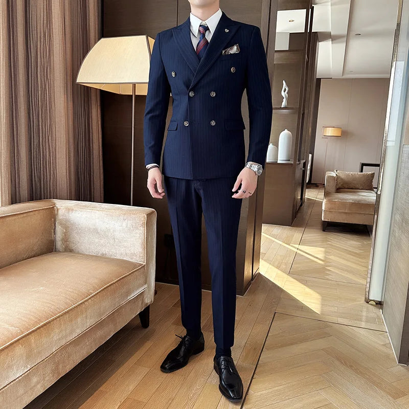 suit, Pinstriped Suit, men’s suit, Men's Luxury Double-Breasted Pinstriped Suit, Men's Double-Breasted Pinstriped Suit, Men's Double-Breasted Suit, Double-Breasted Pinstriped Suit
