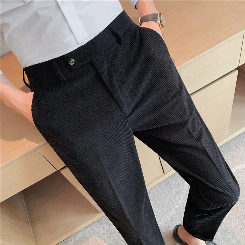 men's tailored trousers, men's corduroy pants, suede style pants, men's dress pants, elegant men's fashion