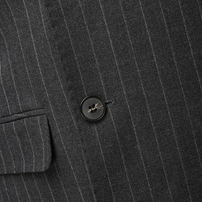 dark gray pinstripe suit, double breasted two piece suit, slim fit men’s suit, elegant formal suit, modern men’s suit