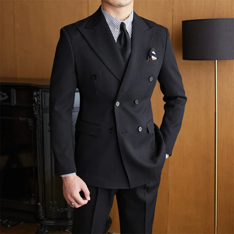 formal double breasted suit, slim fit men’s suit, elegant men’s suit, ribbed texture suit, classic formal suit