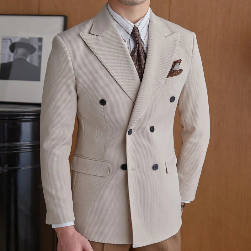 formal double breasted suit, slim fit men’s suit, elegant men’s suit, ribbed texture suit, classic formal suit